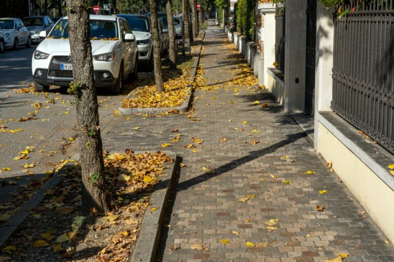 Gehsteig in Vicenza, Italien, Herbstlaub