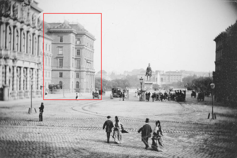 Schwarzenbergplatz 3 im 19. Jahrhundert, Platz, Passanten, Reiterdenkmal, historische Aufnahme