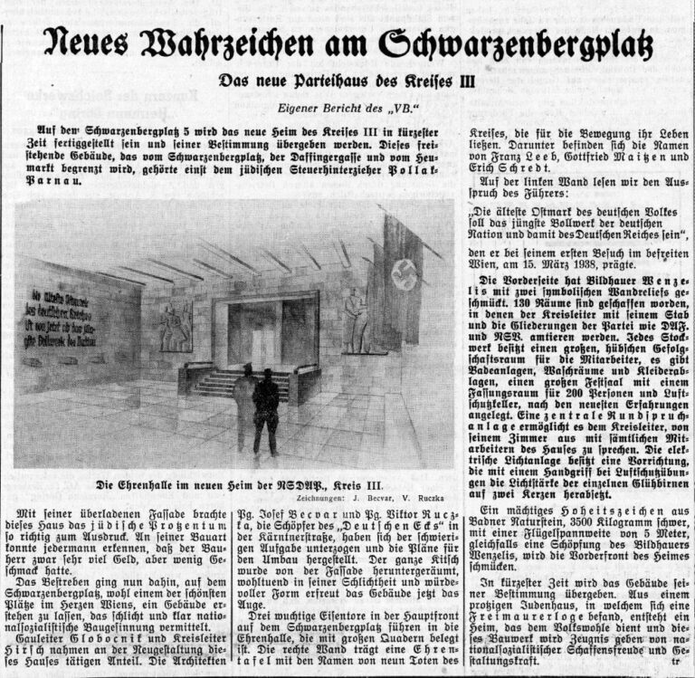 Zeitungsartikel, "Neues Wahrzeichen am Schwarzenbergplatz. Das neue Parteihaus des Kreises III"