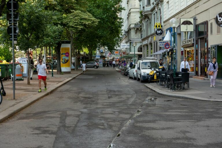 Fahrbahn eines Platzes in Wien, Bäume, Autos, Litfaßsäule, Personen