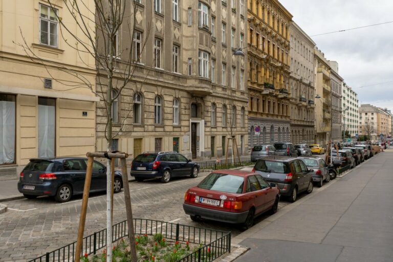 Phorusgasse, Wohnstraße, parkende Autos, Bäume, alte Häuser