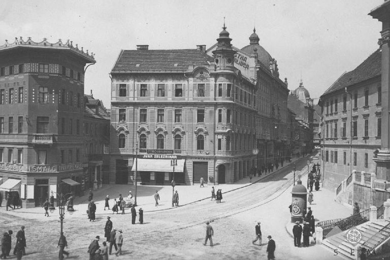 Prešerenplatz in Ljubljana, historische Aufnahme, Straßenbahn
