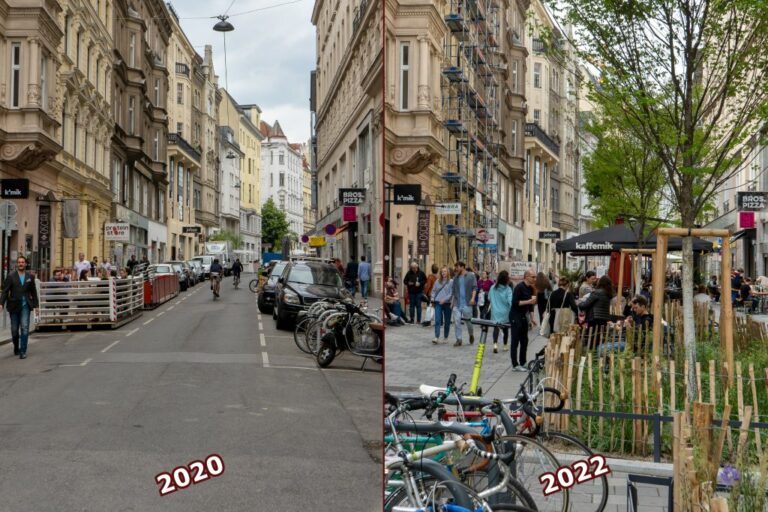 Zollergasse, alt vs. neu, Begegnungszone, Begrünung, Fußgänger