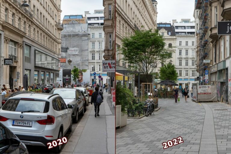 Zollergasse, vor und nach dem Umbau, Begegnungszone, Fußgängerzone,
