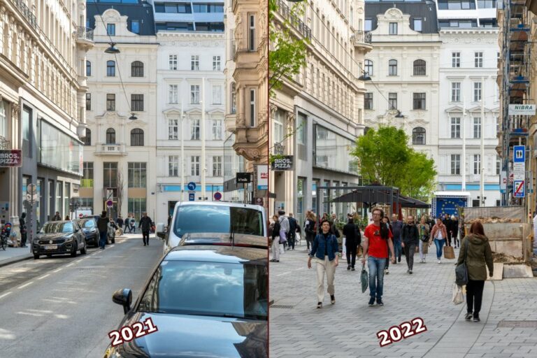 Zollergasse, alt vs. neu, Begegnungszone, Begrünung, Fußgänger