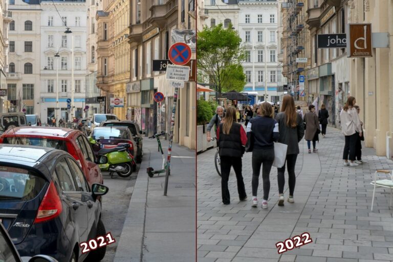 Zollergasse vor und nach der Umgestaltung, Verkehrsberuhigung, shared space