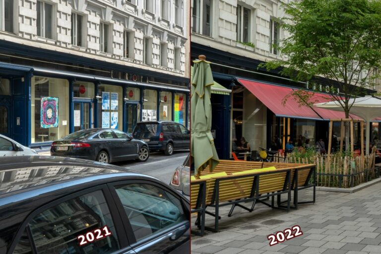 Café Europa, Zollergasse, alt vs. neu, Begegnungszone, Begrünung