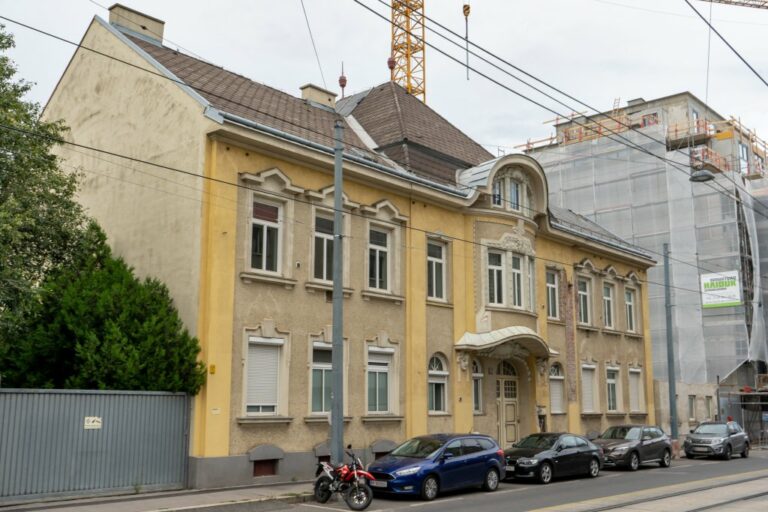 Gründerzeithaus in der Donaufelder Straße, Jugendstil-Dekor, Baustelle, Kran