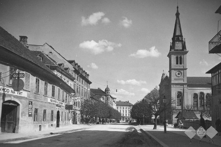 Straße in Ljubljana, Kirche, historische Aufnahme