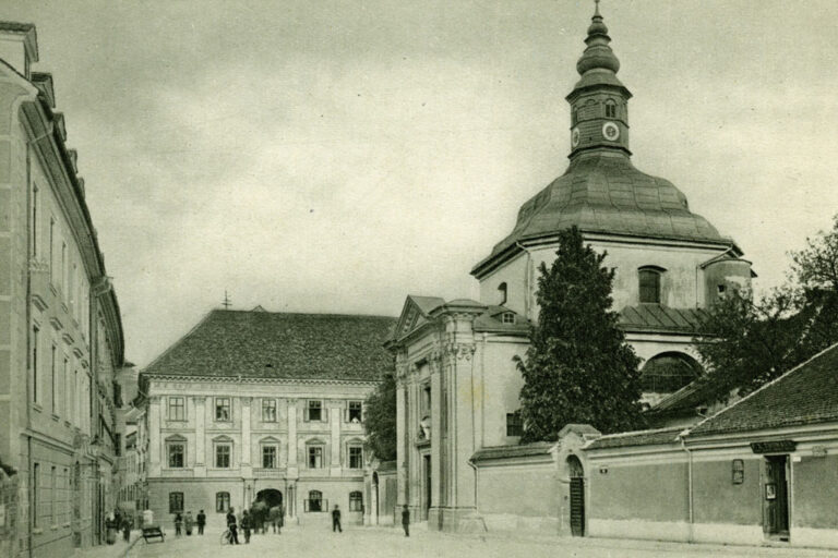 Platz in Ljubljana, historische Aufnahme, Kirche