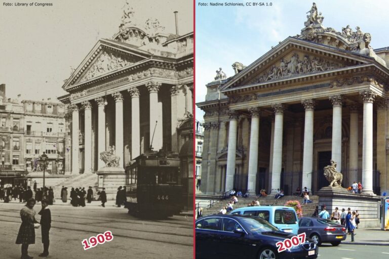 Platz vor der Brüsseler Börse 1908 und 2007, altes und neues Foto