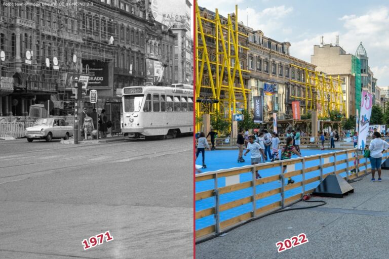 Platz in Brüssel, links mit Auto und Straßenbahn, rechts als Fußgängerzone mit temporärem Sportplatz und Baustelle (Entkernung) im Hintergrund