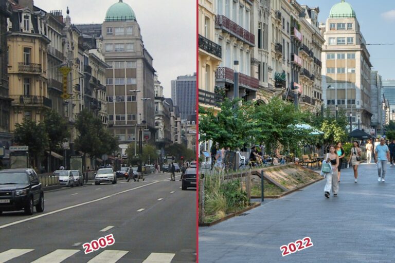 Boulevard Anspach in Brüssel, links mit Autoverkehr, rechts als Fußgängerzone