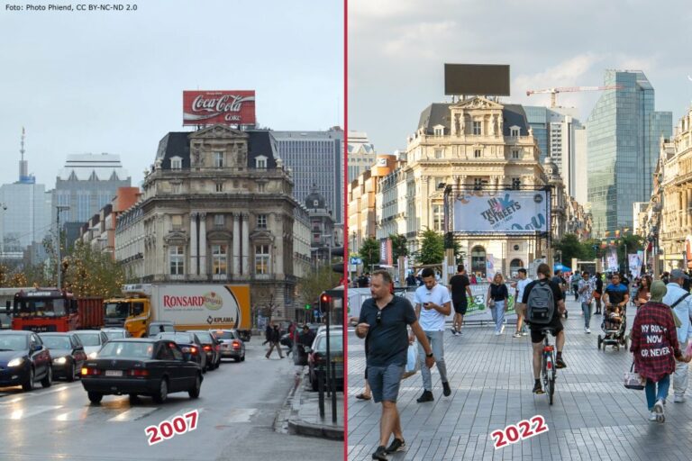 Boulevard in Brüssel vor und nach der Umgestaltung zur Fußgängerzone