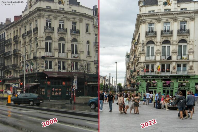 Place de la Bourse in Brüssel, links mit Autoverkehr, rechts als Fußgängerzone