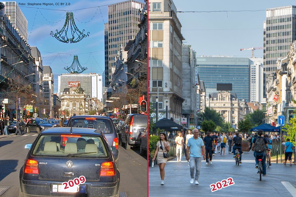 links Foto von 2009 mit Autoverkehr, rechts Foto von 2022 mit Fußgängerzone, Stadtzentrum von Brüssel mit Blickrichtung Place de Brouckère