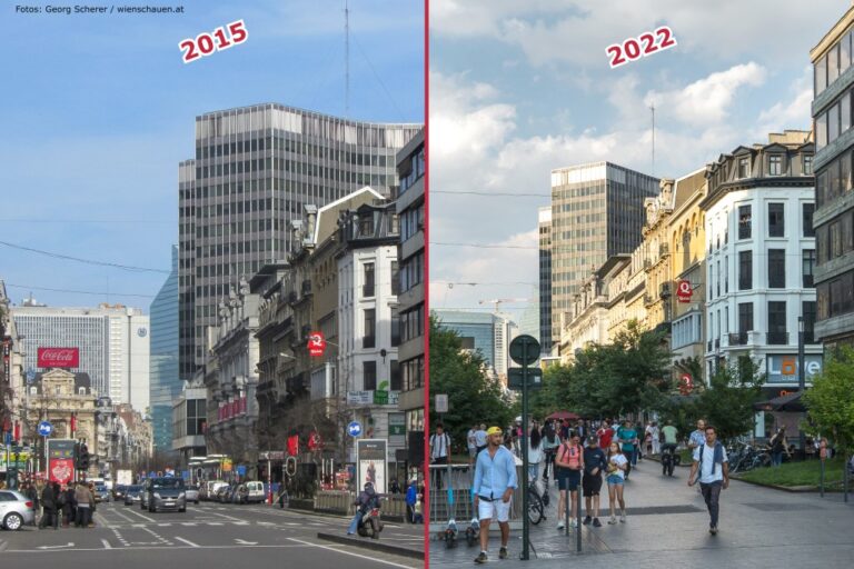 zwei Aufnahmen einer Straße im Brüsseler Stadtzentrum, links von 2015 mit Autoverkehr, rechts von 2022 mit Fußgängern