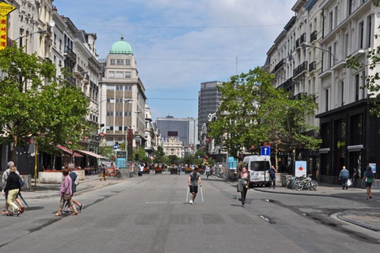 Fußgängerzone in Brüssel, Pentagon, Personen, Bäume, alte Häuser, im Hintergrund Hochhäuser