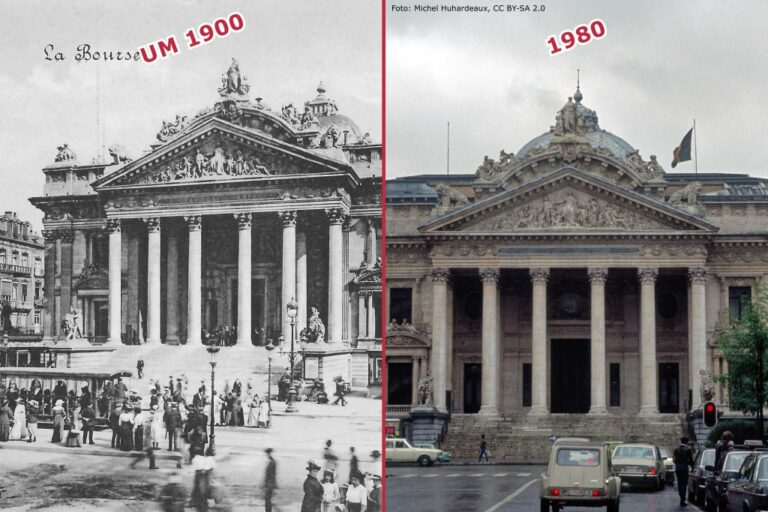 Börsegebäude in Brüssel, links Foto um 1900, rechts Foto aus 1980