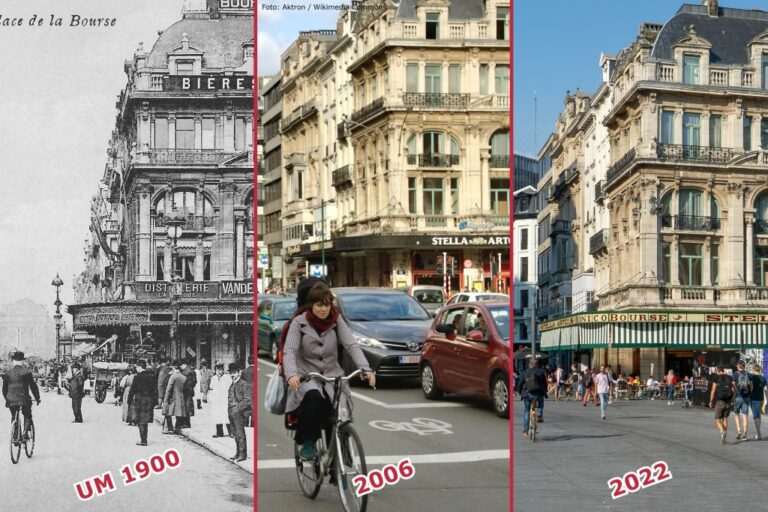 Boulevard Anspach und Place de la Bourse in Brüssel, links um 1900, Mitte 2006, rechts 2022