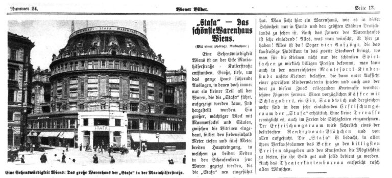 Zeitungsartikel von 1925 über das Warenhaus Stafa in der Mariahilferstraße