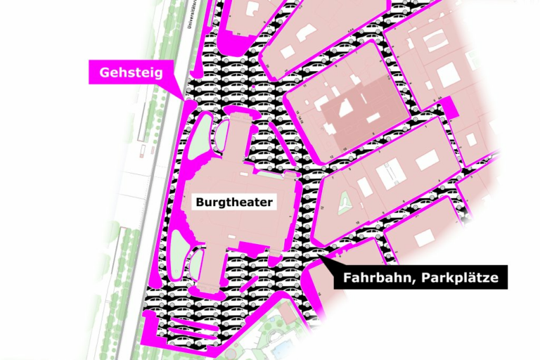 Karte mit Verkehrsflächen um das Burgtheater, hervorgehoben sind Gehsteige und Fahrbahnen/Parkplätze