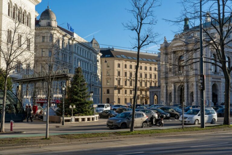 Ringstraße, Burgtheater, parkende Autos, Bäume im Winter, Gründerzeitgebäude