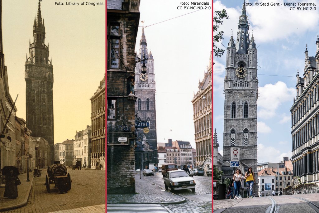 historischer Turm in der belgischen (flämischen) Stadt Gent zu drei verschiedenen Zeiten, links 1900, Mitte, 2007, rechts 2018
