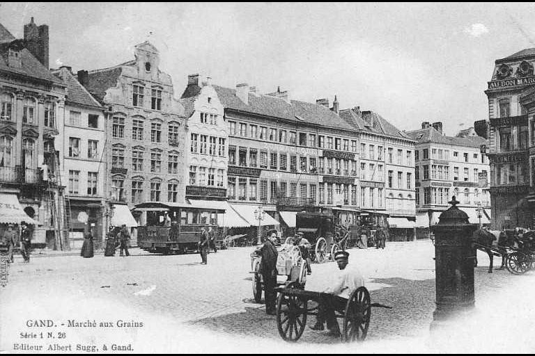 alte Foto des Hauptplatzes von Gent, Wagen, Straßenbahnen, Männer, alte Häuser, "Gand - Marché aux Grains"