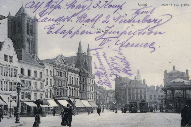 alte Postkarte von Gent mit hineingeschriebenem Text, "Gand - Marché aux grains"
