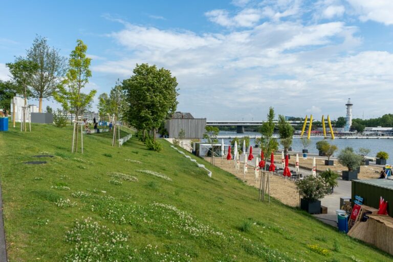 Grünfläche, Bäume, Sandflächen, Donau, Brücke, Leuchtturm