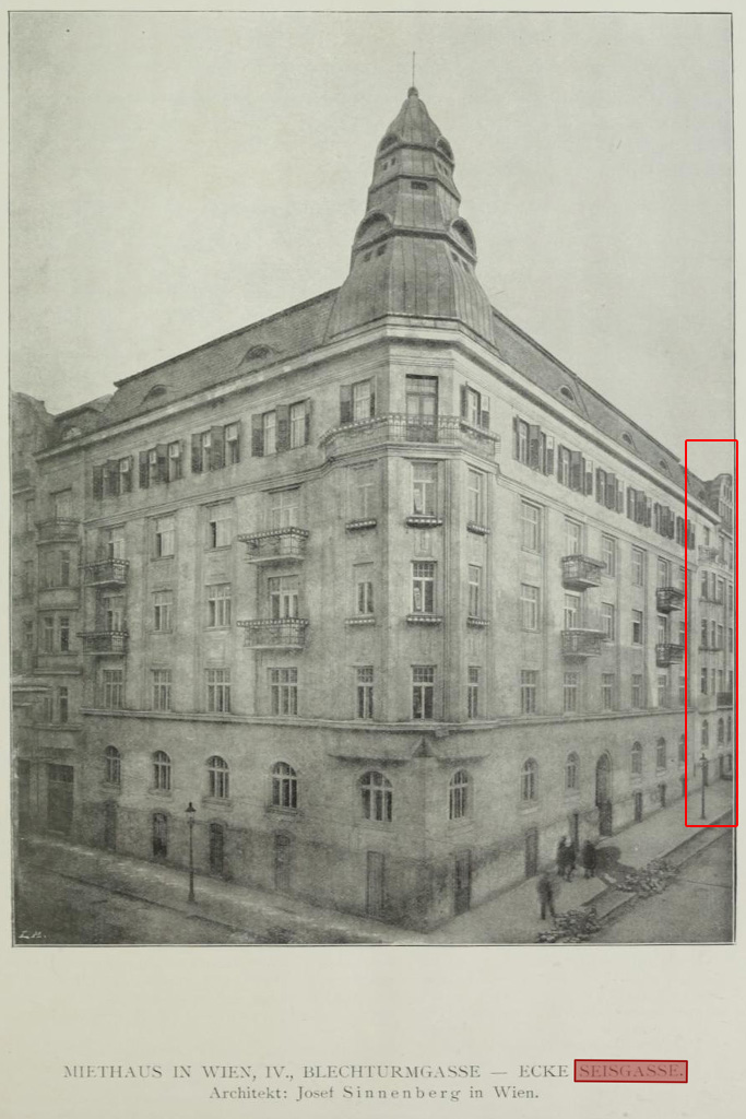 alte Zeichnung des Gebäudes an der Ecke Blechturmgasse und Seisgasse, ganz rechts das Gebäude Seisgasse 18