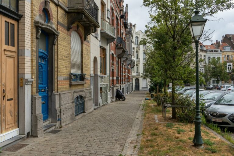 Platz in Brüssel, alte Häuser, Bäume, Autos, Straßenlaterne