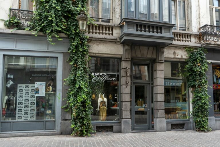 Fassadenbegrünung in Brüssel, Geschäfte, alte Häuser