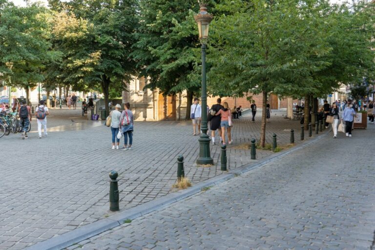 Platz im Zentrum von Brüssel mit Bäumen, Straßenlaterne, Leute, Poller, Pflasterung