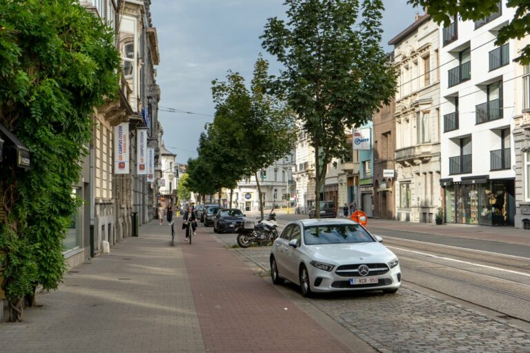 Straße mit Radweg, Bäumen, Parkplätzen und Schienen in Gent