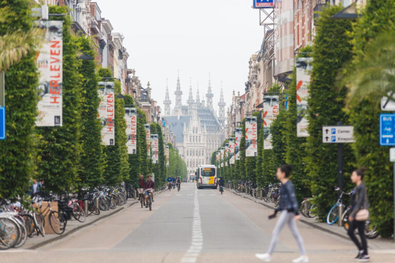 Allee mit Blick auf historische Gebäude im Zentrum von Leuven, Fußgänger, Radfahrer, Bus