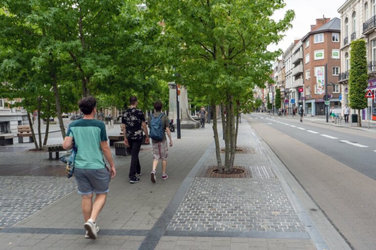 Straße mit Bäumen in Leuven, Fußgänger