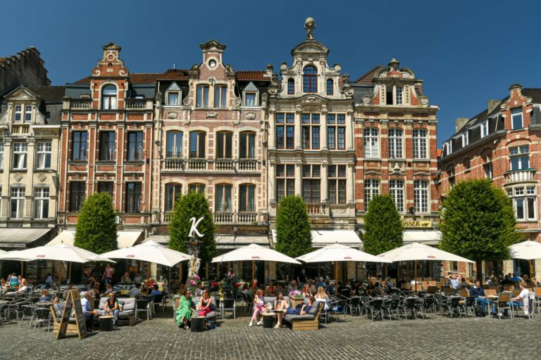 Häuserzeile, Bäume und Gastgärten auf einem alten Platz in Leuven