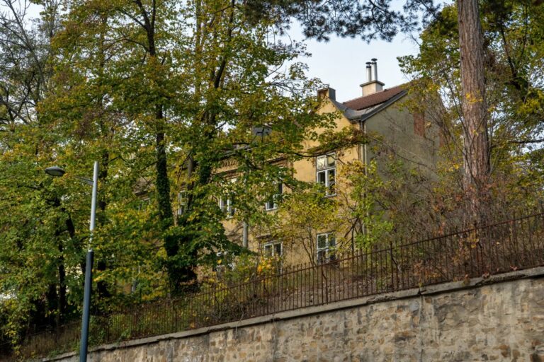 Villa in der Pötzleinsdorfer Straße in Währing, historisches Gebäude, Bäume, Sträuchern, Mauer, Zaun