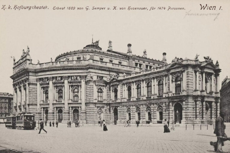 historische Aufnahme eines Theaters an der Wiener Ringstraße, "K. k. Hofburgtheater. Erbaut 1889 von G. Semper u. K. von Hasenauer, für 1474 Personen."