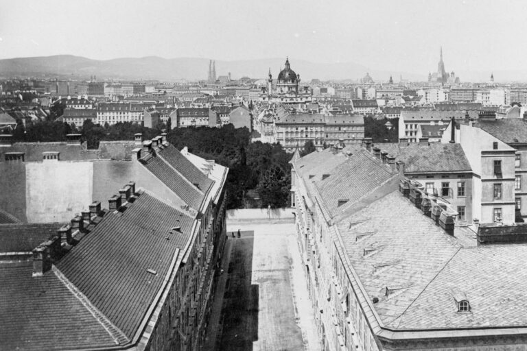 historische Aufnahme der Argentinierstraße, Hausdächer, Karlskirche, Votivkirche, Stephansdom, 19. Jahrhundert