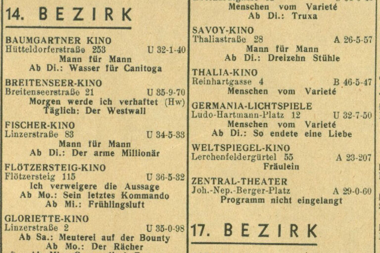 Ausschnitt aus einer alten Zeitschrift für Kinos in Wien