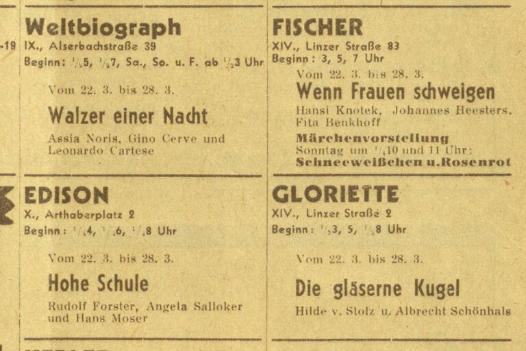 Ausschnitt aus einer alten Zeitschrift für Kinos in Wien