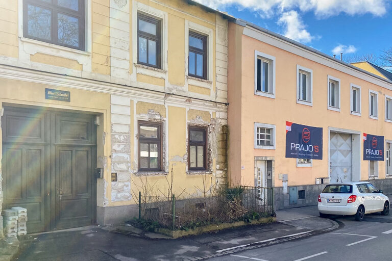 Altbauten in der Oberlaaer Straße in 1230 Wien kurz vor dem Abriss, Plakate einer Abbruchfirma