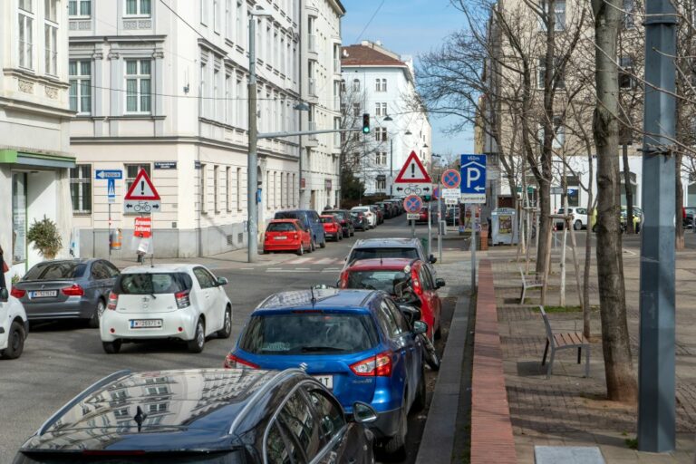 Straße auf einem Platz in Wien, Autos, Bäume, Ampel