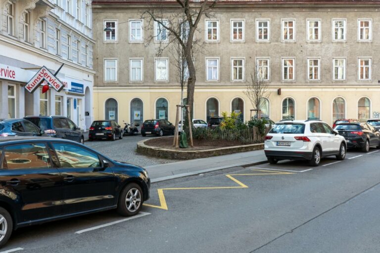 parkende Autos auf einem Platz in 1040 Wien, Bäume, alte Häuser