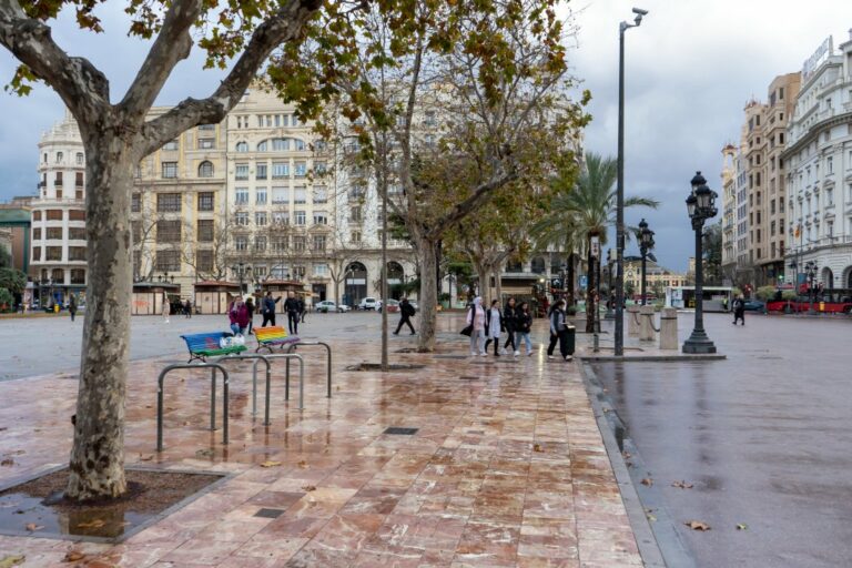 Plaça de l'Ajuntament, autofrei, Bäume, Leute, Palmen, Gebäude, Bahnhof