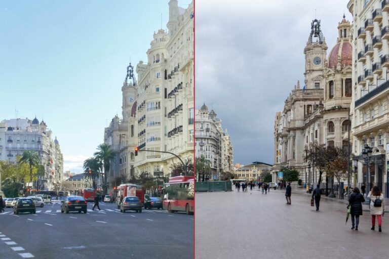 Plaça de l'Ajuntament mit Fahrbahn (links) und als Fußgängerzone (rechts)