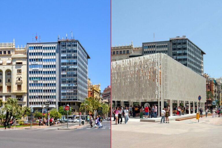 Plaça de l'Ajuntament vor und nach der Verkehrsberuhigung, links Fahrbahn und Zebrastreifen, rechts Fußgängerzone und Pavillon